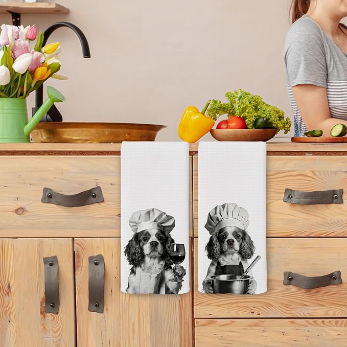 Funny Chef Cavalier King Charles Spaniel Kitchen Towels Set of 2, Dog Charles Spaniel Gifts for Women Dish Tea Towels for Kitchen, Dog Mom Lovers Owner Gifts Decorative Hand Towel, 16x24 Inch