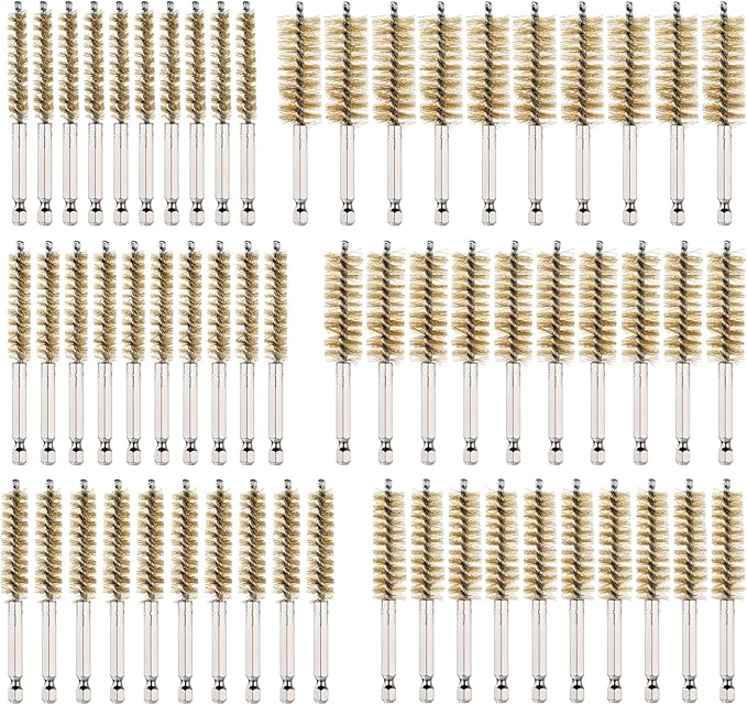 60 Pcs Bore Brush for Drill, Stainless Steel Wire Cleaning Brushes Bulk with 1/4" Hex Shank Copper Pipe Cleaner Drill Attachment for Rust Engine Tube(8/10/12/15/17/19mm)(Brass)