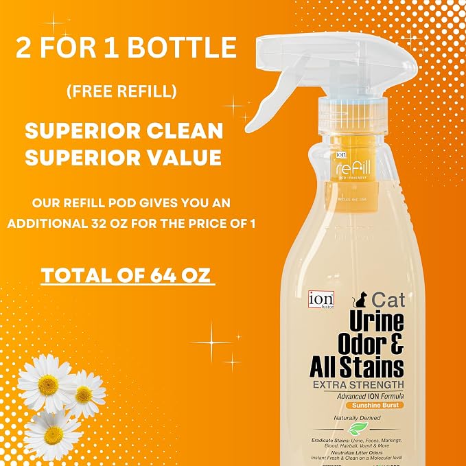 Superior Next-Gen Advanced ION Formula. 2-for-1 Bottle (Free Refill) Cat Urine, Litter, Odor, All Stains. Extra Strength Stain & Odor Removal. Patented | Non-Toxic | Eco-Friendly | Made in USA