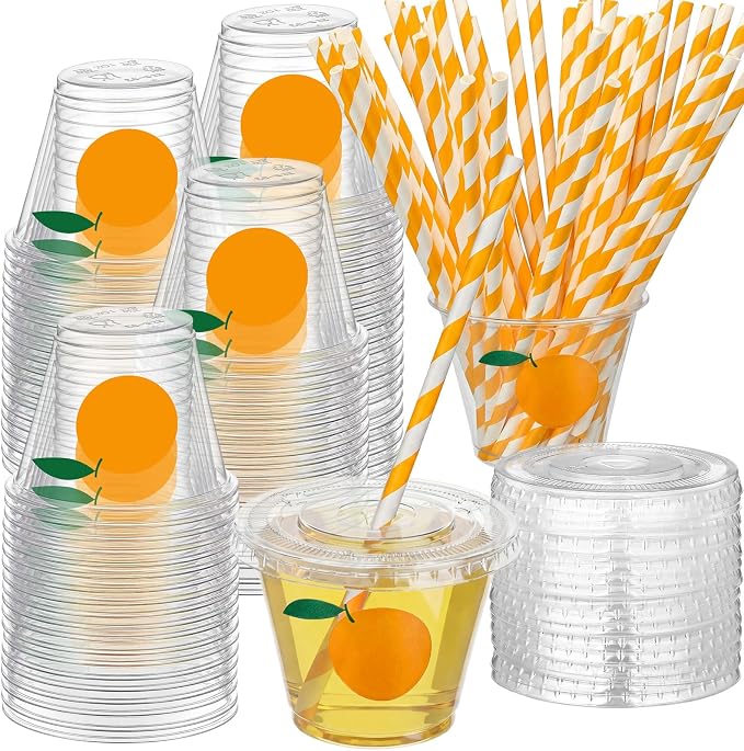 LemonRoad 100 Sets Little Cutie Disposable Plastic Cups Bulk with Lids Straws 9 oz Orange Clear Plastic Cups Tangerine Cold Hot Drinking Container for Baby Shower Birthday Daily Holiday Party Supplies