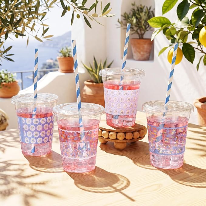 FoldTier 60 Pcs Coastal Cottage Blue Floral Cups with Lids and Straws, 12 oz Disposable Plastic Beach Party Cups for Ocean Summer Party Favor, Bridal Shower, Baby Shower, Bacheloretteparty Decoration
