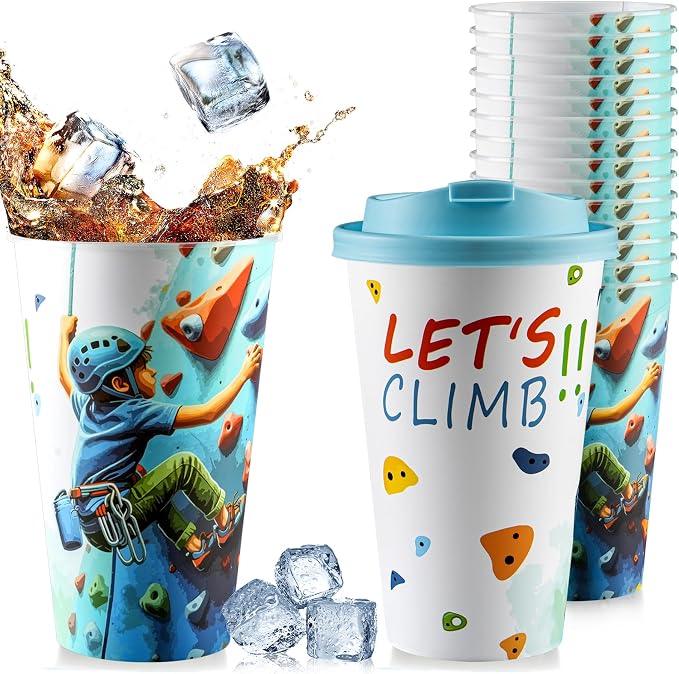 20 Pcs Rock Climbing Favors Goodie Cups with Lids for Birthday Decorations Disposable 16oz Plastic Candy Cups for Birthday Party Table Decorations Supplies Favor(LET'S CLIMB)