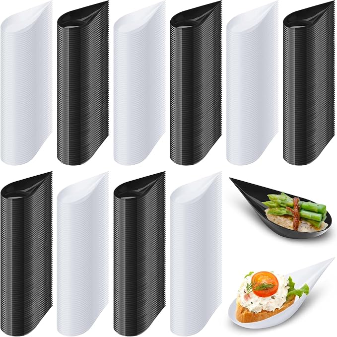 Tessco for you 800 Pcs 4" Tear Drop Appetizer Spoons Mini Appetizer Plates Reusable Tasting Spoons Plates Catering Supplies Disposable for Serving Small Desserts Cakes Bowls (White,Black)