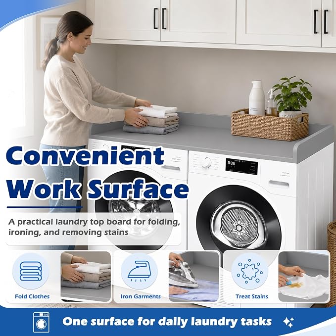 ROYXEN Washer Dryer Countertop, Laundry Countertop Solid Wood Core, Countertop for All Front-Loaded Washing Machine and Dryer, Extra Room for Laundry Room, Gray