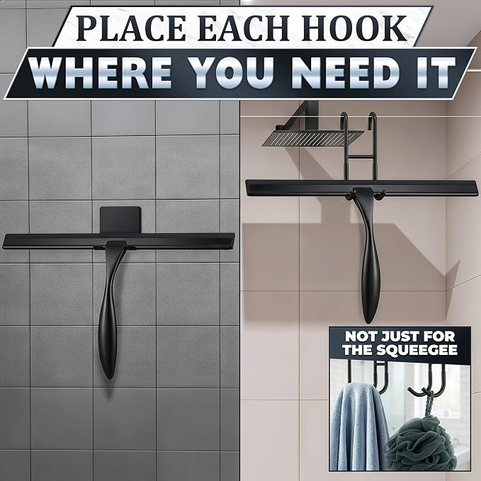 Shower Door Squeegee with Hook - 14" Silicone Blade, Stainless Steel Black Squeegee for Shower Glass with Adhesive Mount - All-Purpose Bathroom Tile, Mirror, & Window Wiper for Streak-Free Cleaning