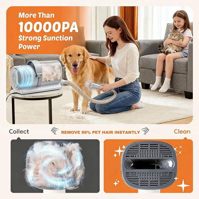 Simple Deluxe 10000Pa Strong Pet Vacuum for Shedding Grooming Kit with Hair Clippers & Shedding Brush, Dogs & Cats Hair Remover Vacuum with 2.5L Dust Cup, 3 Levels, 5 Grooming Tools，Low Noise, Gray