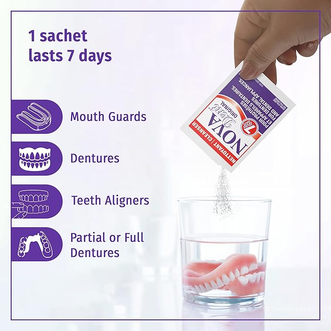 Novadent Dentures Cleaner – For Dental Appliances, Retainers, Trays, Mouth Guards, Teeth Aligners - 6 Months (26 sachets)