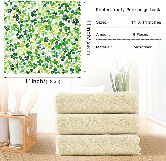Bright Green Clover St. Patrick Kitchen Towels Dish Cloths Set of 6 Microfiber Cleaning Cloths for Cars Super Absorbent Machine