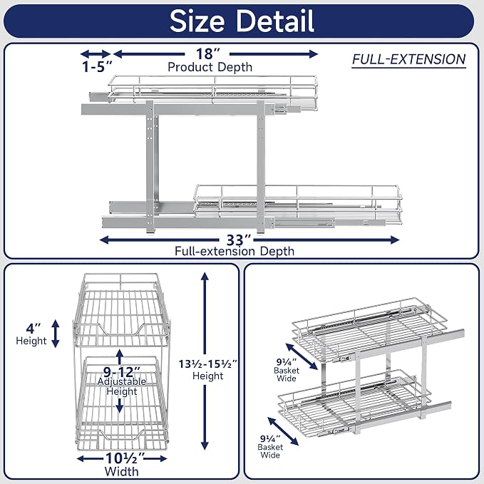 2-Tier Pull Out Cabinet Organizer, 10.5" W x 18" D, Heavy Duty Dual Slide Out Shelves for Narrow Base Cabinets, Chrome Wire Basket Drawer for Spices, Bottles & Snacks
