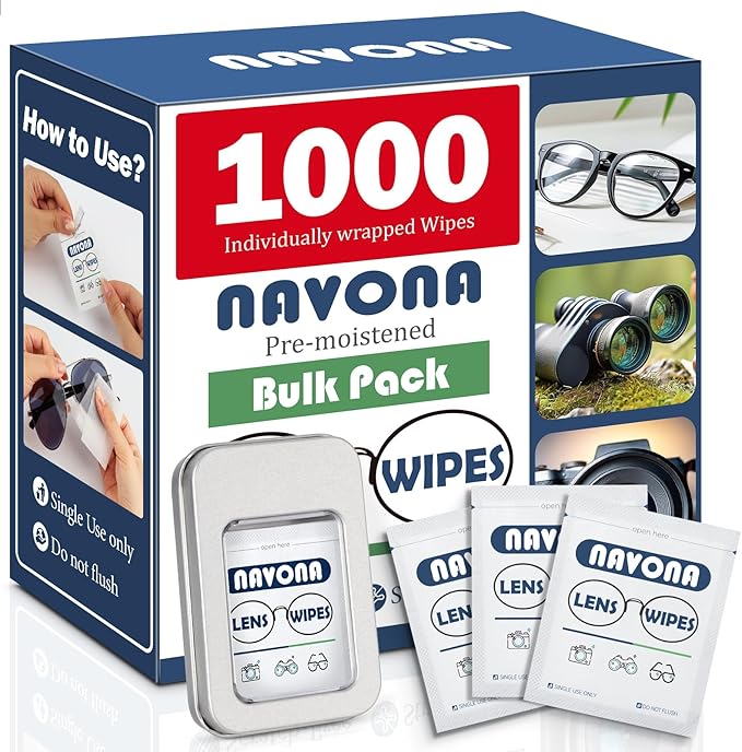 Navona Pre Moistened Lens Wipes for Eyeglasses - 1000 Count Individually Glasses Cleaner Wipes,No Scratch,No Streak Eyeglass Cleaning Wipes for Screen,Phone,Laptop,Sunglasses
