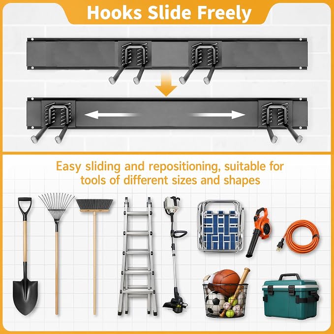 CBWLWJ Garage Tool Organizer Wall Mount, 64 inch Garage Wall Organizer, 660lbs Sturdy Garden Tool Organizer with 8 Adjustable Hooks, for Yard, Shed, Basement, Workshop(Black)