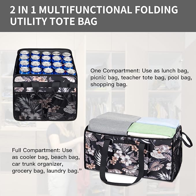 Extra Large Utility Tote Bag with Wire Frame Reusable Grocery Bags Foldable Heavy Duty Shopping Bags for Groceries Collapsible Totes with Handles for Carrying Heavy Loads Storage Car Trunk