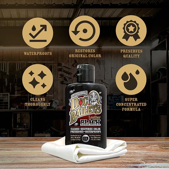 Doc Bailey's Leather Black - Black Leather Dye, Conditioner & Restorer, 4-in-1 Cleaner & Waterproofer for Car Seats, Motorcycle Seats, Jackets, Boots, Couches & Furniture - Detail Kit 4oz, 2-Pack