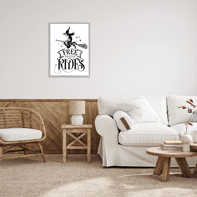 'Free Broom Rides Typography Magical Witch'| Framed Giclee Art | Stupell Industries | Gray, 24 x 30 Inches, Easy to Hang and Sturdy, Made in USA, by Lettered and Lined