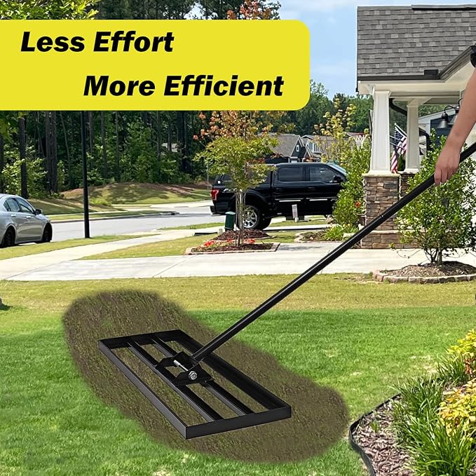 30"x10" Lawn Leveling Rake - High Carbon Steel Yard Lawn Leveler Tool with Adjustable Long Handle | Multi-Surface Levelawn Tool for Soil, Grass, Golf Course, Garden & Farm Care