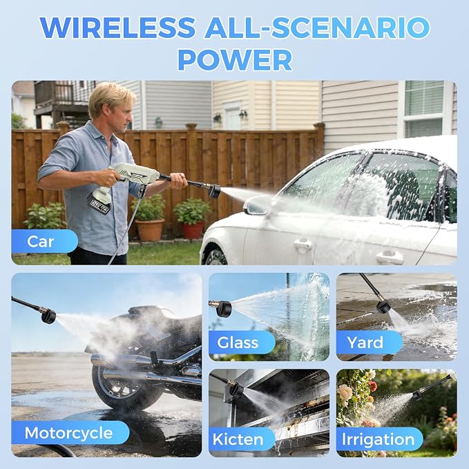 Cordless Wash Machine, Electric Car Washer with 21V Battery×2 & Charger, Portable Handheld Washer with 6-in-1 Nozzle & Foam Cannon for Home
