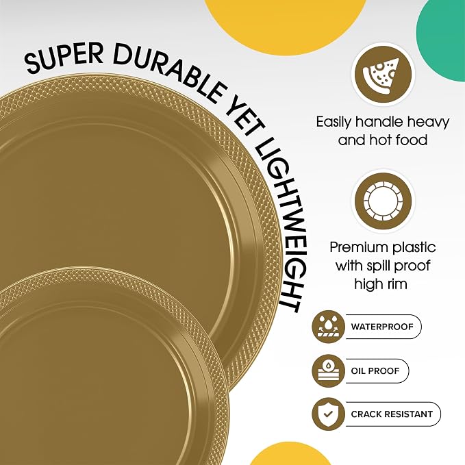 Exquisite Party Solids Gold Plates Disposable Gold Plastic Plates 100 Pieces - 50-7" & 50-9" Heavy Duty 350 GSM Disposable Dinnerware Sets, Plastic Dinnerware Sets