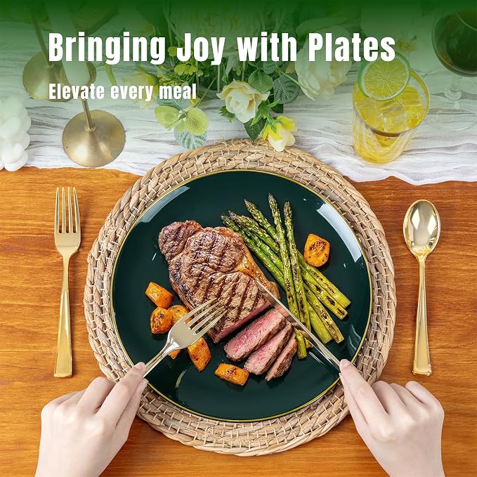 KIRE 175PCS Green Plastic Plates with Gold Rim - Heavy Duty Green Plates Disposable Include 50 Fancy Plastic Plate, 25Pre Rolled Napkins 25 Cups For Party/Wedding/Spring/2026 FIFA World Cup