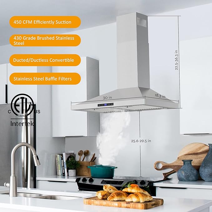 FIREGAS Range Hood 30 inch Wall Mount,450 CFM Ducted/Ductless Range Hood with Stainless Steel,Stove Hood Vent for Kitchen with 3 Speed Fan,Permanent Filters,Led Lights,Digital Touch,Charcoal Filter