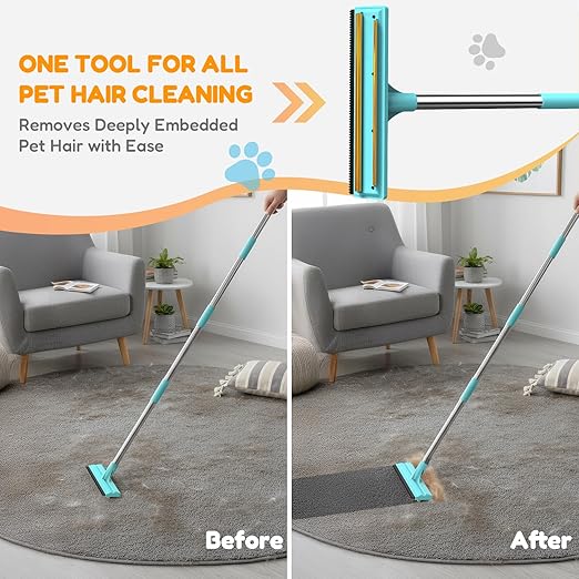 3-in-1 Carpet Rake for Pet Hair Removal, Upgraded Rug Scraper with 61" Thickened Handle & 10" Handheld Grip, Dual-Metal Edge Dog Hair Remover for Carpet, Couch, Furniture & Car