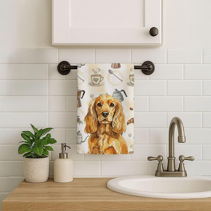 Caroline's Treasures Golden English Cocker Spaniel Coffee Bar Kitchen Towel Velour Plush Front and Cotton Loop Back Machine Washable