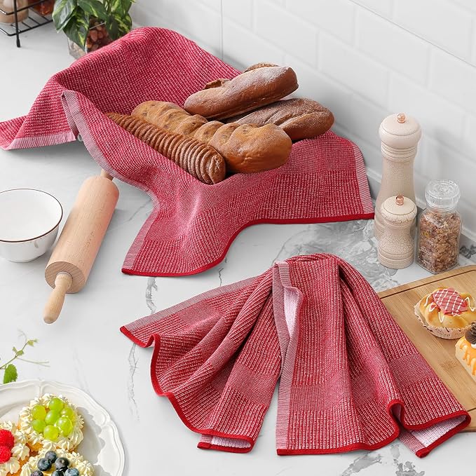Homaxy Premium Kitchen Towels(18”x 28”, 3 Pack), Large Cotton Kitchen Hand Towels, Flat and Terry Dish Towels, 380 GSM Highly Absorbent Tea Towel Set with Hanging Loop, Red