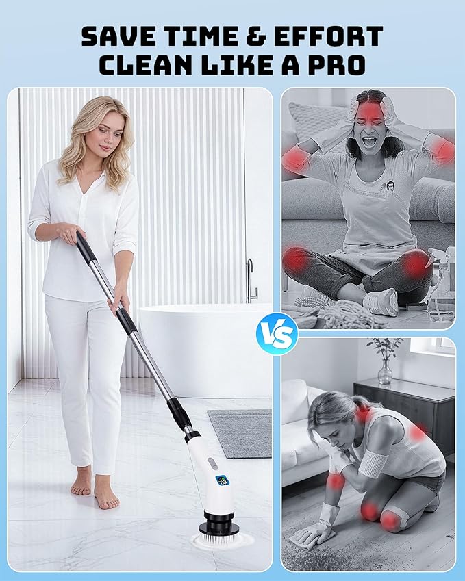 Electric Spin Scrubber for Cleaning Bathroom - Shower Cleaner Brush with Long Handle - Cordless Power Scrubber with 7 Brushes Heads, IPX7 Waterproof Scrub Brush for Bath Tub Tile Grout Glass Tool
