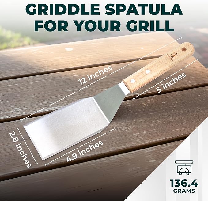 Large Griddle Spatula – Heavy Duty Stainless Steel Grill Spatula - Smash Burger Turner with Heat-Resistant Wooden Handle, Wide Beveled Edge Metal Spatulas for Flat Top, Cast Iron & BBQ