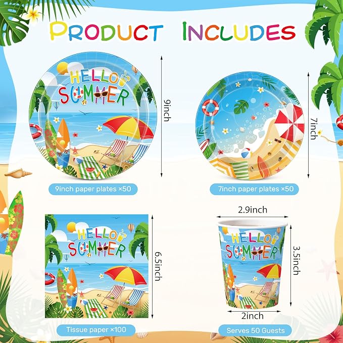 Pickmesh 250 Pcs Hello Summer Plates Napkins and Cups Beach Party Decorations Hawaiian Tropical Disposable Paper Tableware Set for 50 Guests Summery Ocean Pool Luau Birthday Party Supplies