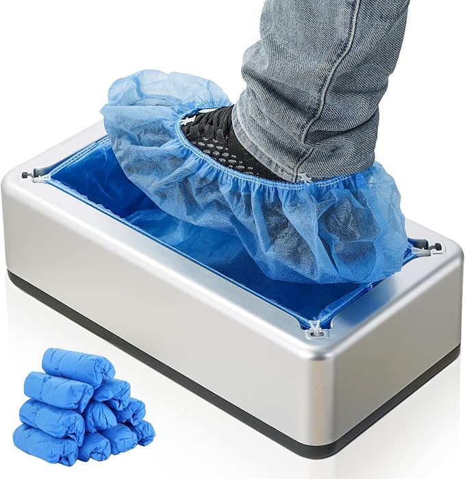 Automatic Shoe Cover Dispenser with 100 Non-Woven Shoe Covers, Hands-Free Design for Home, Office & Laboratory, Durable Silver Machine Keeps Floors Clean, Shoe Cover Machine