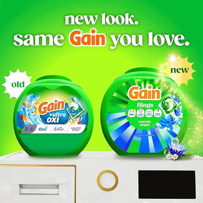 Gain Flings Liquid Washing Detergent Pacs, Now with Odor Defense + Color Guard, Waterfall Delight Scent, 4-In-1 Liquid Laundry Detergent Pods, clean & fresh, 60 Count