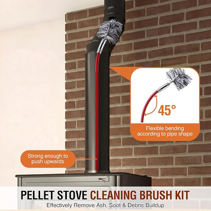 Feekoon Pellet Stove Cleaning Kit, 10 FT Flexible Steel Rod with 3" Brush Head, Flue Detail Cleaner, Pellet Stove Accessories for Vent Pipes Cleaning - Reduce Buildup & Improve Airflow