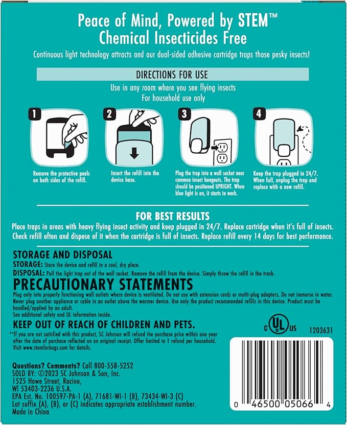 STEM Flying Insect Trap - Indoor Fruit Fly & Gnat Catcher for Home,Kitchen & Any Room,Attracts-& Traps Bugs,Soft Blue UV Light - Includes 1 Plug-in Device-& 1 Cartridge,(Pack of 4)