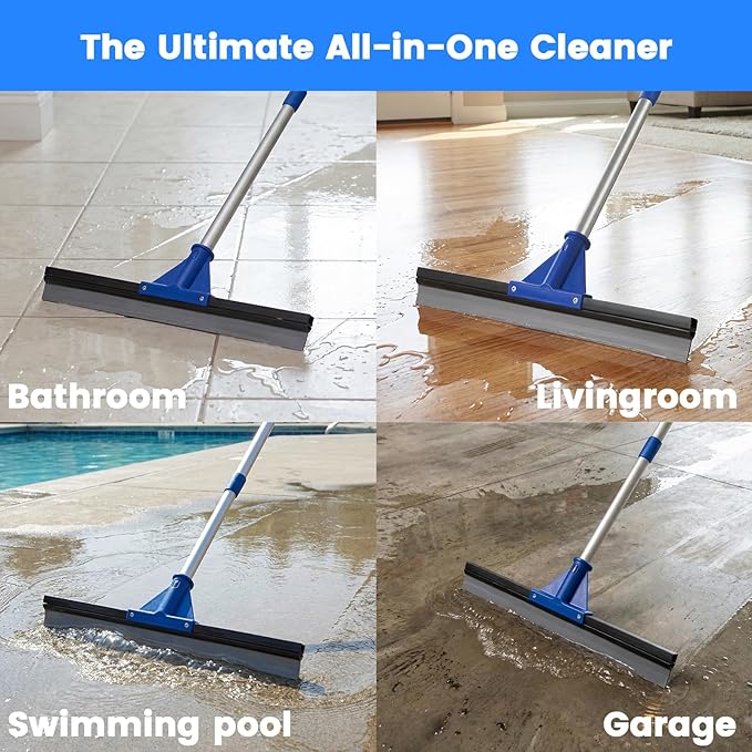 Floor Squeegee for Concrete Floor, 18'' Rubber Wiper Squeegee Broom with 60" Long Handle, Commercial Scrubber Mop for Bathroom Kitchen Pool Glass