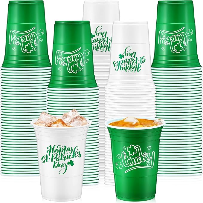 Pickmesh 100 Pcs St Patricks Day Plastic Cups 16oz Lucky Shamrock Design Disposable Cups for Lucky Party Supply St Patrick's Day Tumblers for Hot Cold Drinks Coffee Juice Beer Candy Snacks