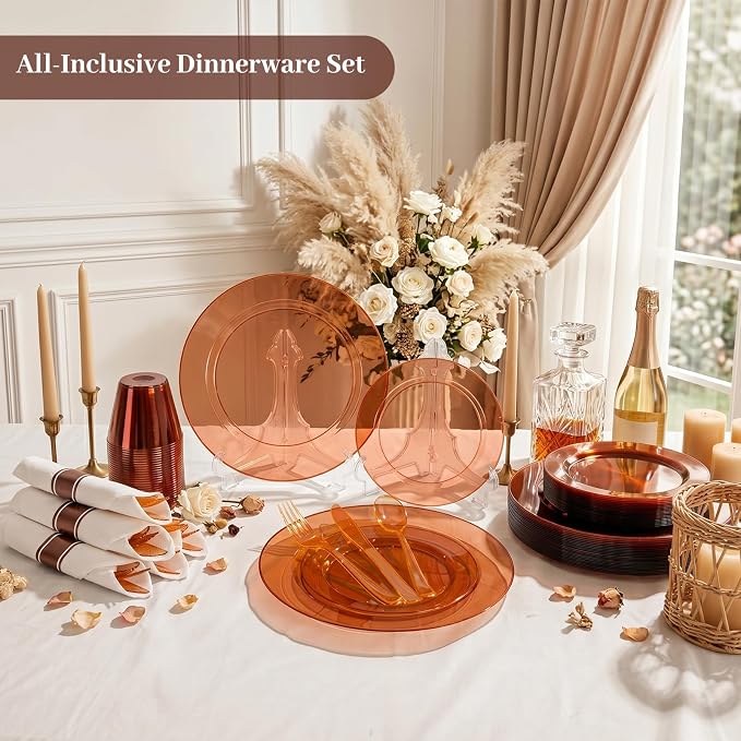 DaYammi 350Pcs Clear Amber Dinnerware Set 50 Guest for Party Amber Plates Disposable - 50 Dinner Plate, 50 Dessert Plate, 50 Per Rolled Napkins with Cutlery, 50 Plastic Cups 9 OZ for Party Wedding