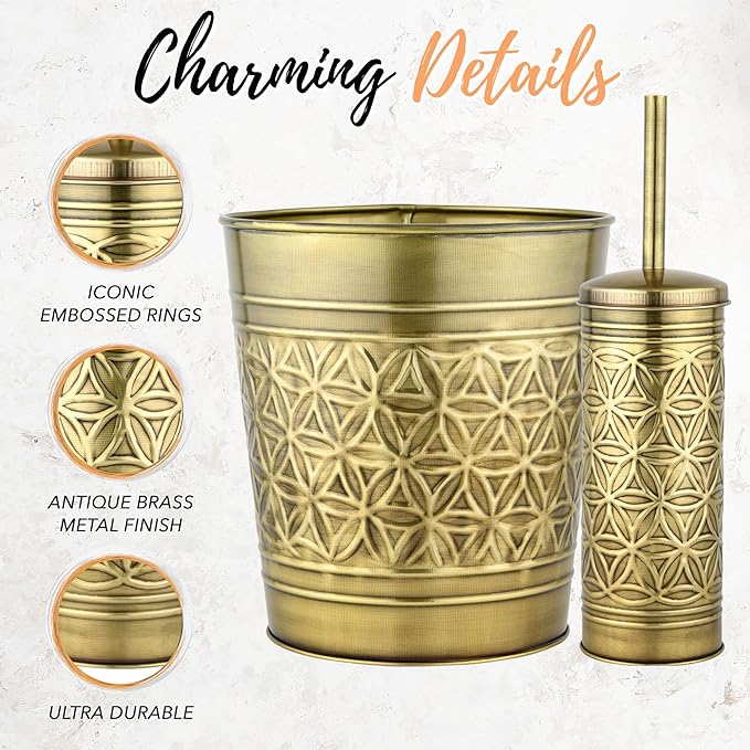 Autumn Alley Toilet Brush and Holder Set with Brushed Brass Bathroom Trash Can – Brass Bathroom Accessories Garbage Can Set for Rustic and Modern Bathroom Décor