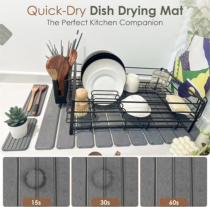 Large Stone Dish Drying Mat for Kitchen Counter, Foldable Quick Dry Stone Dish Mat, Diatomaceous Earth Water Absorbing Pad for Plate Utensils Rack Bottles, Any Countertop (Dark Gray 24"×16" & 2*8"x4")