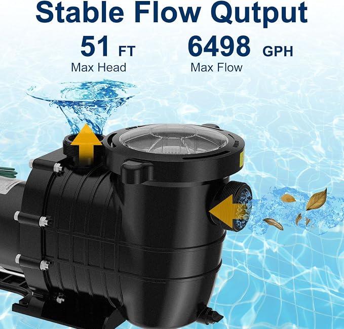 Pool Pump Above Ground/Inground 2.0 Horsepower 115V Powerful Copper Motor Self Primming 6900GPH Powerful Selfpriming Pool Pump/with Strainer Basket,Includes Pipe Fittings