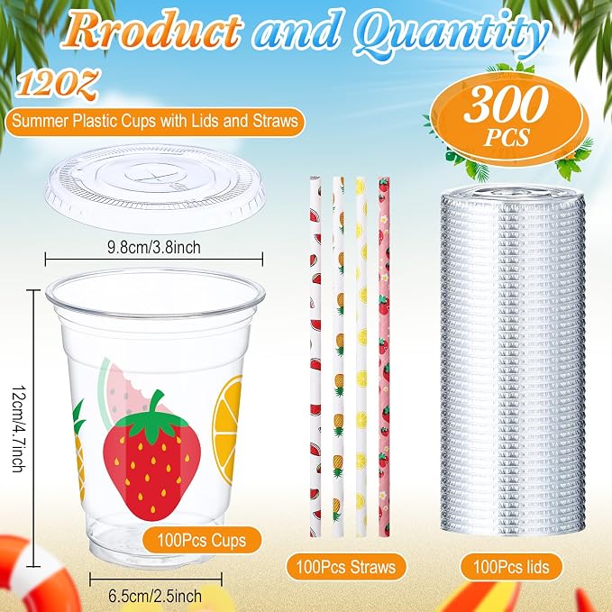 Blushtier 300 Pcs Fruit Disposable Plastic Cups with Lids and Straws 12oz Summer Party Favors Cups Fruit Disposable Clear Cups Summer Fruit Theme Party Supplies Favors