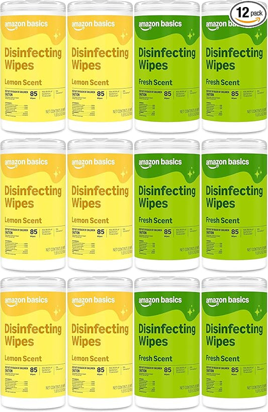 Amazon Basics Disinfecting Wipes, Lemon & Fresh Scent, Sanitizes/Cleans/Disinfects/Deodorizes, 1020 Count (12 Packs of 85)
