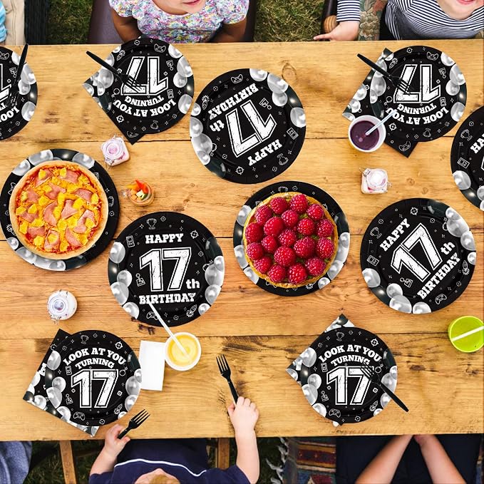 96 Pcs 17th Birthday Decorations for Boys Girls Black White 17th Party Plates Disposable Look At You Turning 17 Paper Tableware Set for 17 Year Old Birthday Party Supplies Serves 24