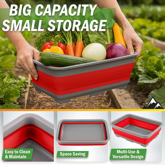 Collapsible Cleaning Caddy - Portable Multi-use Wash Basin, Dish Tub, or Ice Bucket with 7.27L Capacity for Camping and Tailgating by Wakeman (Red)