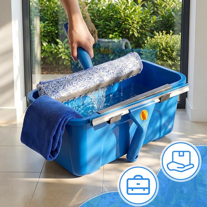 Window Cleaning Kit with 3 Gallon Bucket 14" Window Squeegee with 61" Long Handle 15" Microfiber Scrubber Glass Cleaner Set Tool for Home Outdoor Commercial Use