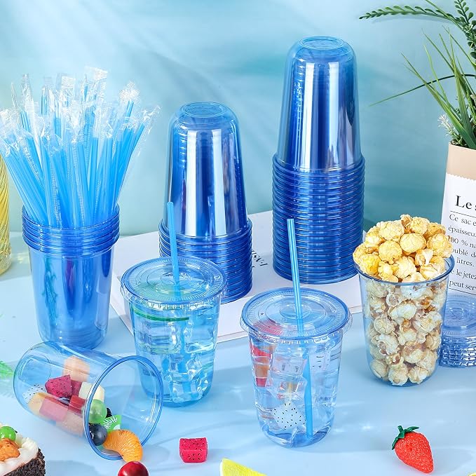 KesaPlan 50 Pack 16 oz Blue Plastic Party Cups with Lids & Straws, Disposable Iced Coffee Cup with Lids, Round Bottom Drinking Cups for Cocktail Cold Beverages Birthday Wedding Picnics Party Supplies