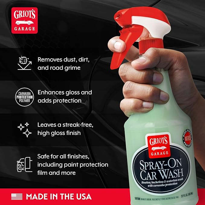 Griot's Garage Spray-On Car Wash for Vehicle Cleaning and Detailing, Rinseless and Waterless, No Hose and Bucket Needed, With Carnauba Wax Protection, 10984, 22oz