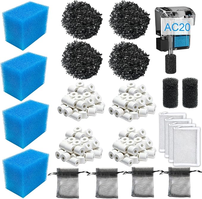4 Sets Complete Filter Media Kit Compatible with Fluval AC20/Aquaclear 20 Power Filter for 5- to 20-Gallon Aquariums - Includes 4 Active Carbon, 4 Ceramic Rings, 2 Intake Strainer Sponges, 4 Foam