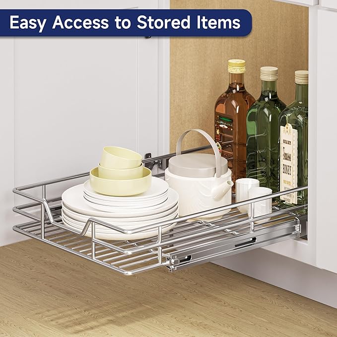 Pull Out Cabinet Organizer, 16.5" W x 21.5" D, Heavy Duty Chrome Slide Out Shelf for Base Cabinets, Sliding Wire Basket Drawer for Pantry Items, Bowls, Containers & Cleaning Supplies