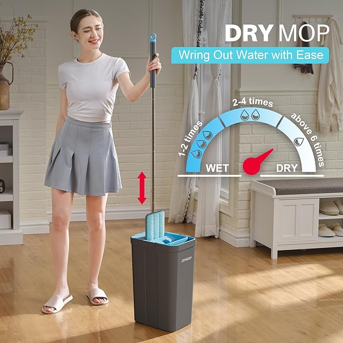 JOYMOOP Mop and Bucket Set, Mops for Floor Cleaning, Wall Mop Cleaner with Long Handle, with 4 Reusable Microfiber Mop Pads - Grey+Cyan Blue