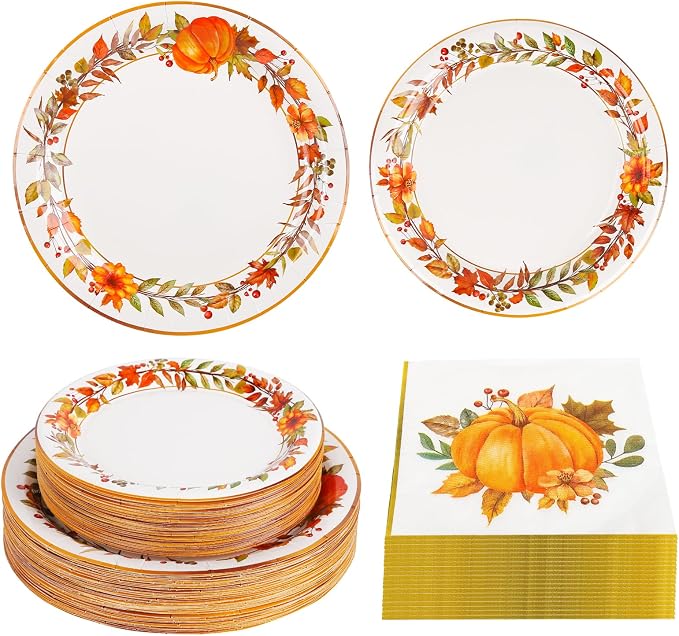 200Pcs Fall Paper Plates and Napkins Set,Thanksgiving and Pumpkin Plates Disposable Dinnerware,for Autumn Celebrations, Thanksgiving Day and Harvest Festival,Serve 50 Guests